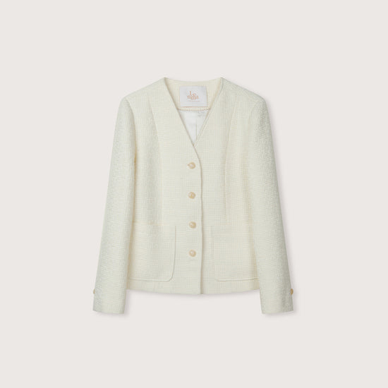 WILMA Woolen V Neck Tweed Jacket - Ivory
