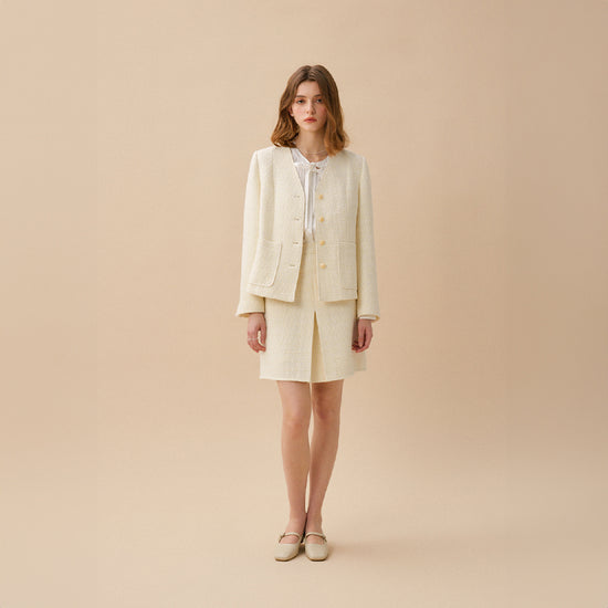 WILMA Woolen Tweed Mid Skirt - Ivory