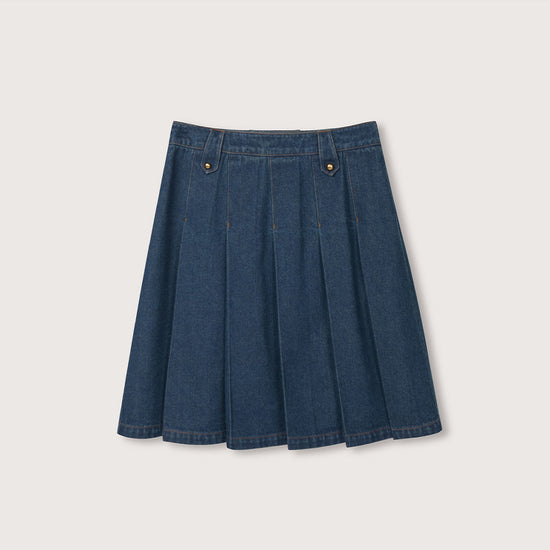 AUDREY Denim Pleats Mid Skirt - Blue