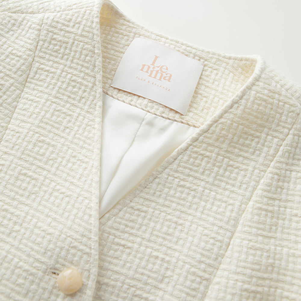 WILMA Woolen V Neck Tweed Jacket - Ivory