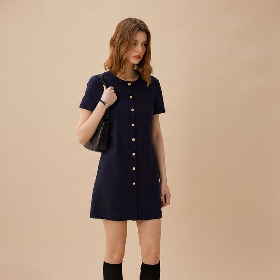 LENTINA Linen Button Dress - Navy