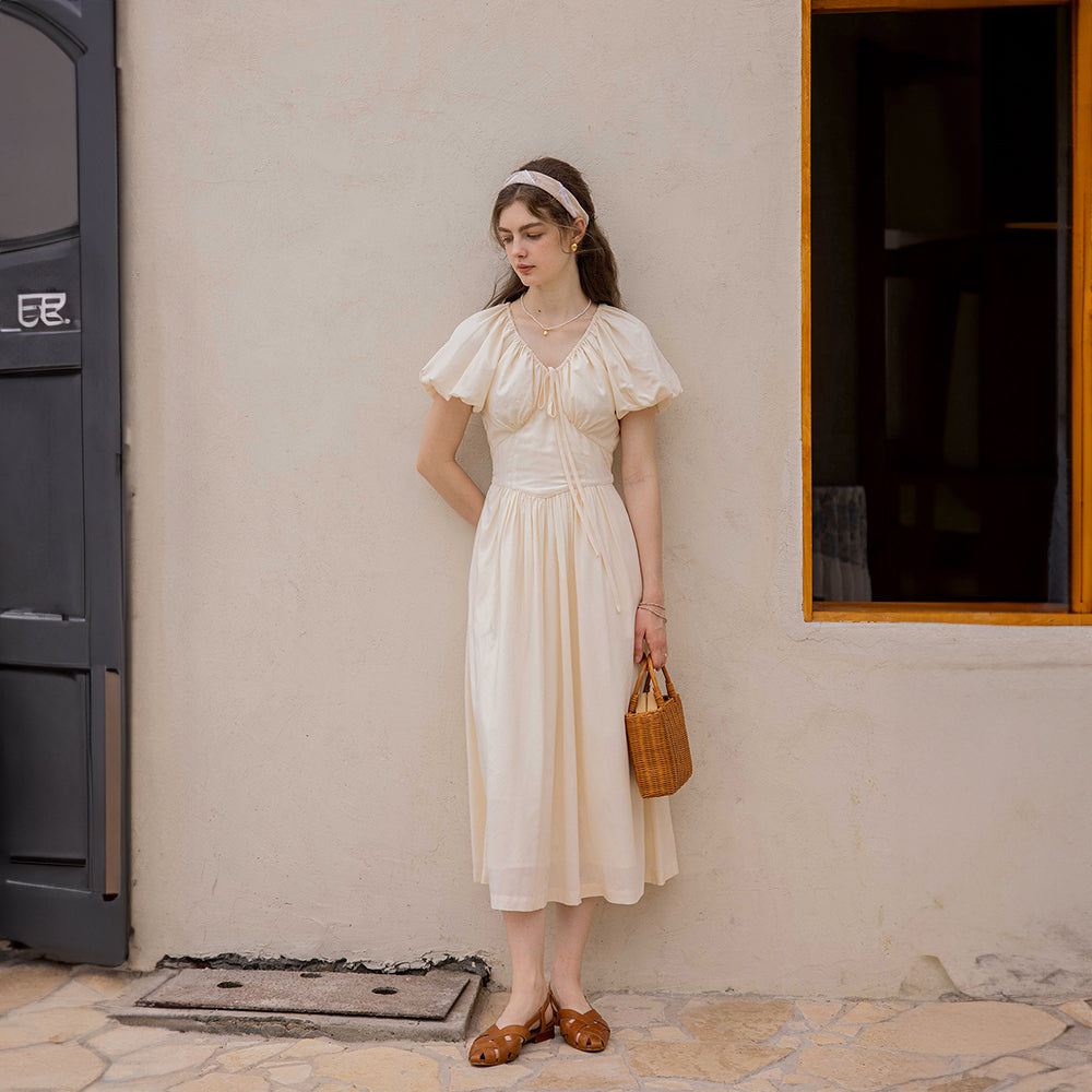 BATHY Puff Sleeve String Dress - Cream